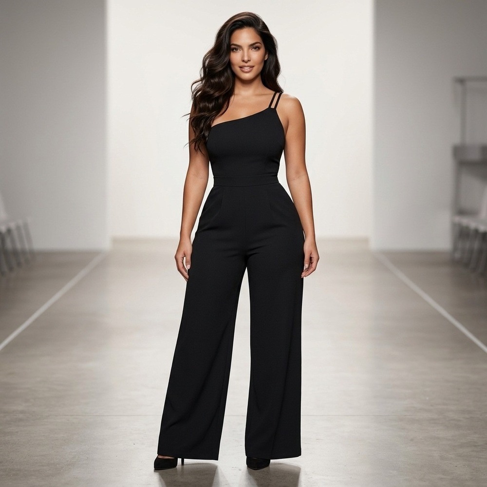 PRETTYGARDEN Jumpsuit Women Size M Black One Shoulder Wide Leg Elegant Formal - Picture 1 of 16